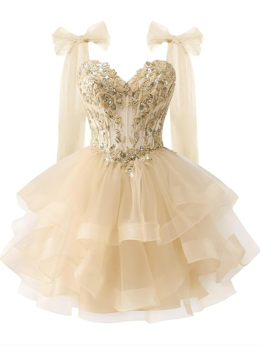Homecoming Champagne Tulle Party Dress with Sequin Appliqué